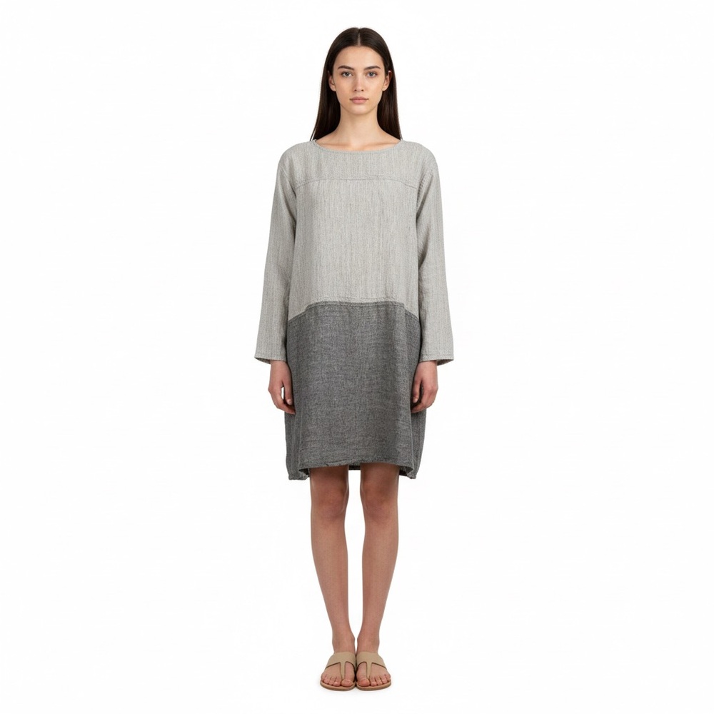 Dosa Dress XS Womens Gray Linen Long Sleeves Pockets Minimal Mini Colorblock